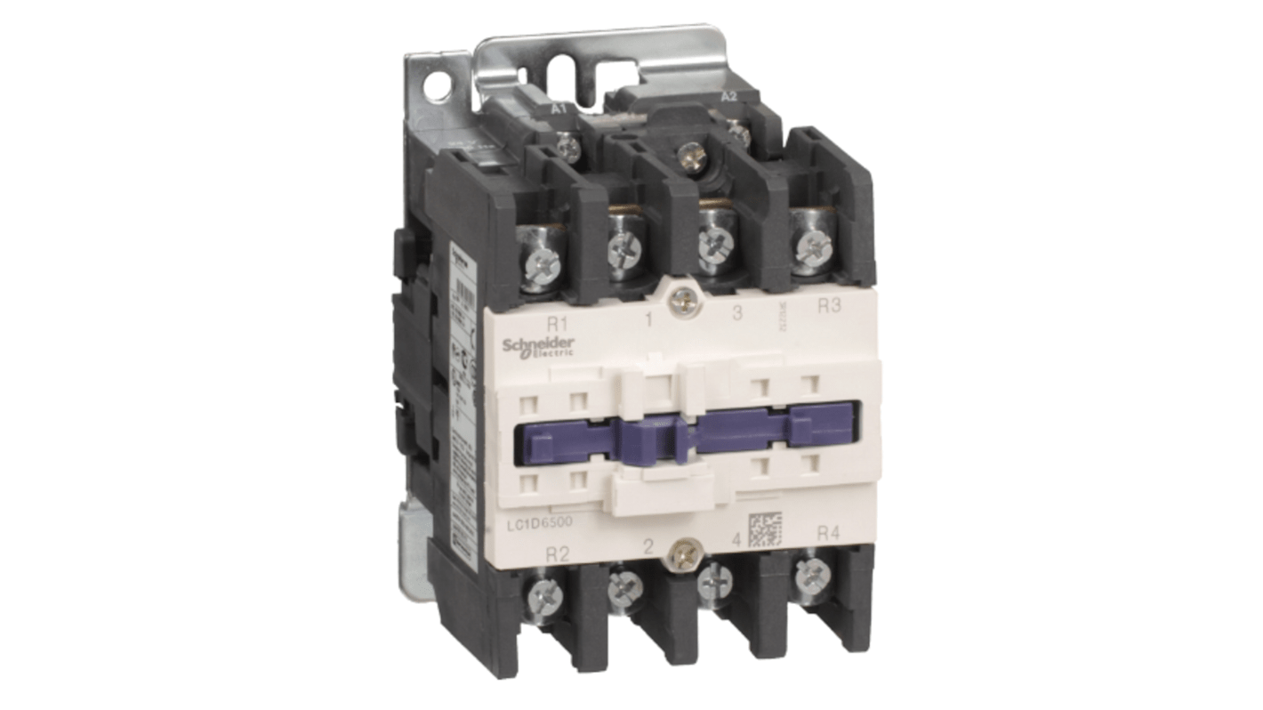 Contattore Schneider Electric LC1D65008E7, 4 poli, 2 NO + 2 NC, per carico fino a 80 A, montaggio su guida DIN, larghezza 85 mm.