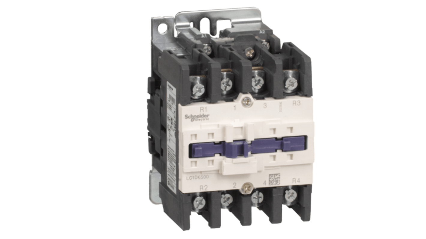 Contattore Schneider Electric LC1D65008P7, 4 poli, 2 NO + 2 NC, montaggio su guida DIN, 85 mm di larghezza, 80 A, 690 V.