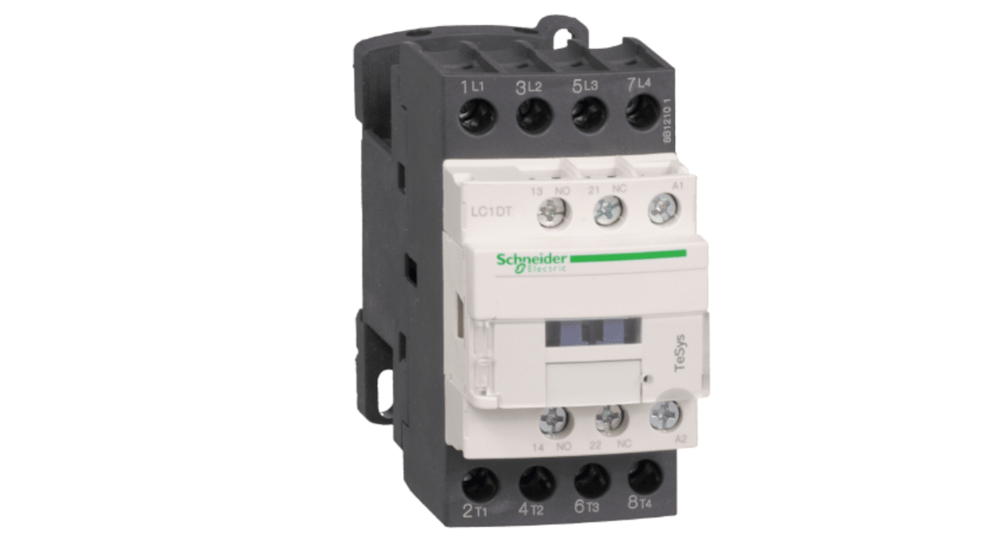 Contattore Schneider Electric LC1DT40SD, 4 poli, 40 A, montaggio su guida DIN, dimensioni 70 mm, operatività fino a 3600 cicli/ora.
