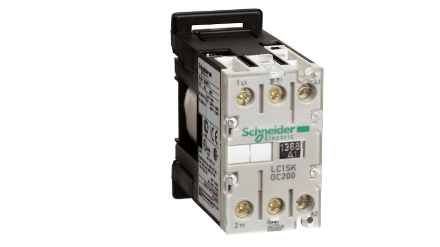 Contattore Schneider Electric LC1SKGC200E7, 2 poli, 2 NA, 5 A, bobina 48 V, con morsetti a vite e copertura trasparente.