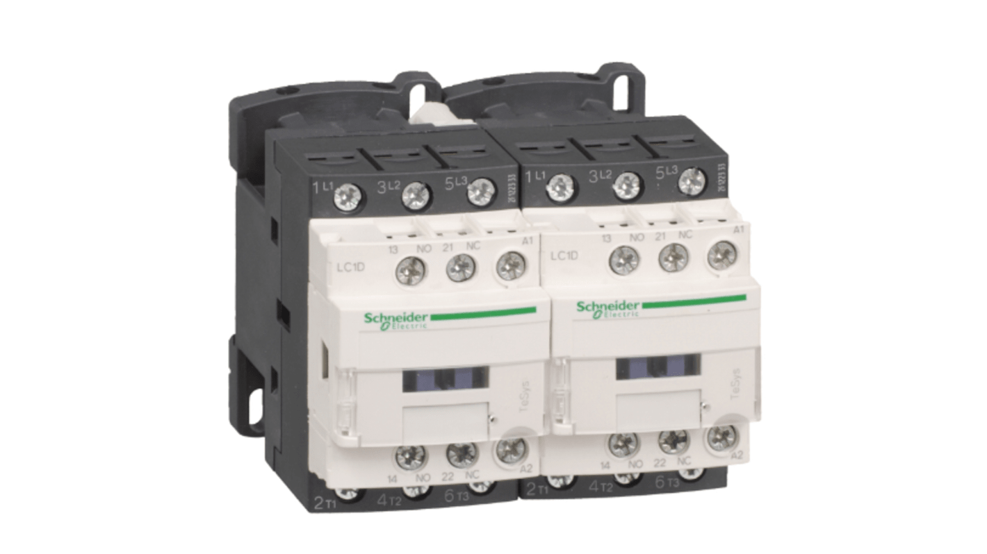 Contattore Schneider Electric LC2D25F7, 3 poli, 3 contatti NA, 25 A, montaggio su guida DIN, larghezza 90 mm.