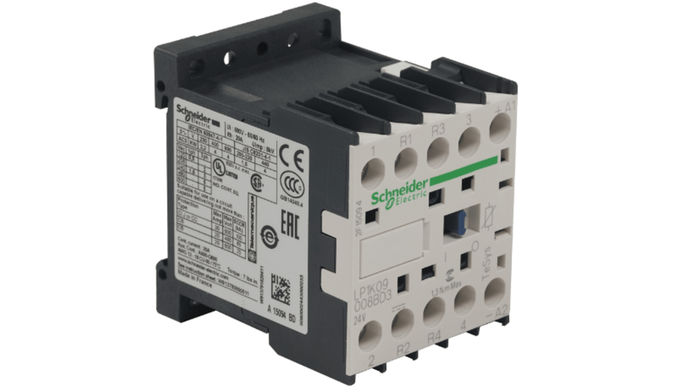 Contattore Schneider Electric LP1K09008BD3, 4 poli, 2 NO + 2 NC, 20 A, 24 V, montaggio su guida DIN, larghezza 45 mm.