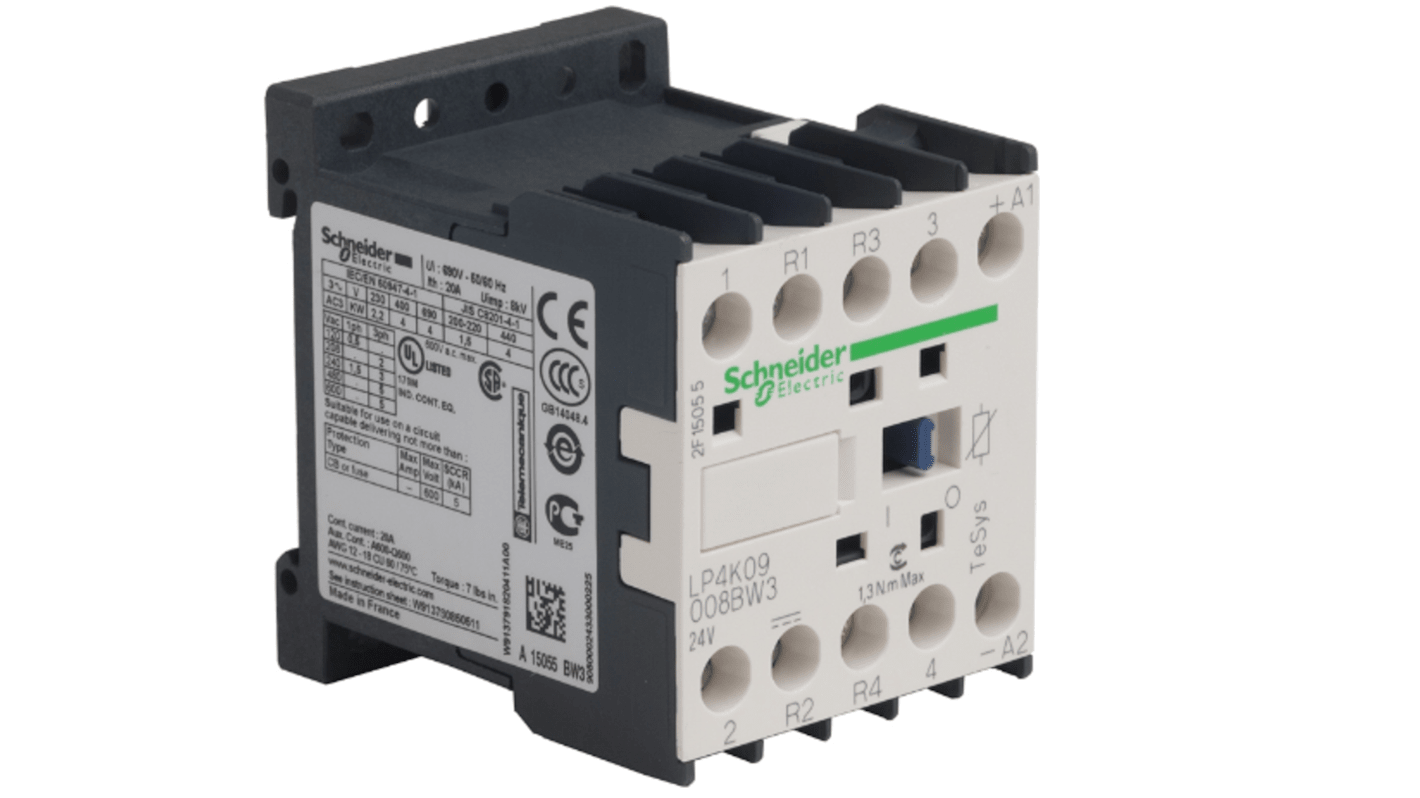 Contattore Schneider Electric LP4K09008BW3, 4 poli, 2 NO + 2 NC, 20 A, 24 V, montaggio superficiale, grado di protezione IP65.
