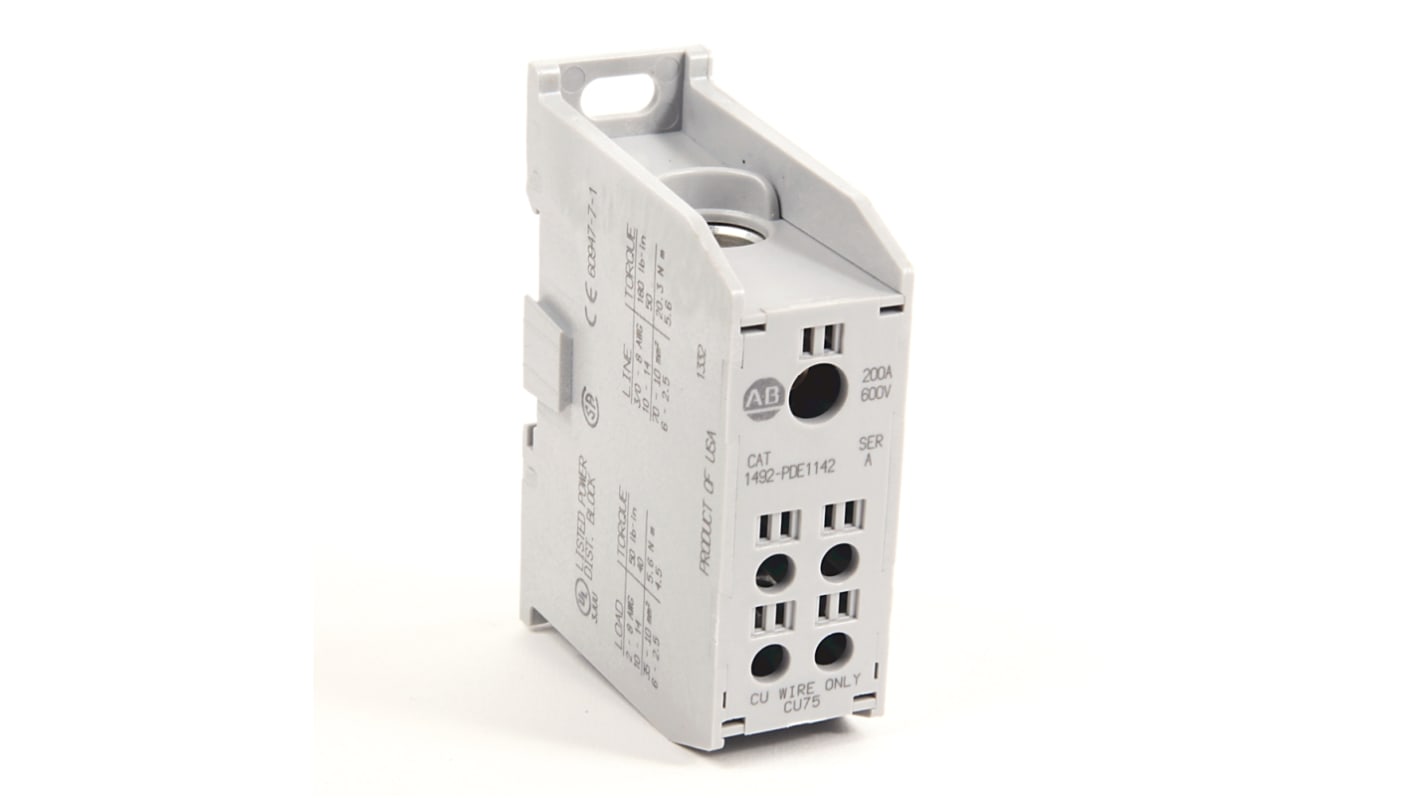 Blocco di distribuzione Allen Bradley 1492-PDE1142, 4 vie, 200A, montaggio a pannello, custodia in alluminio, protezione IP20.