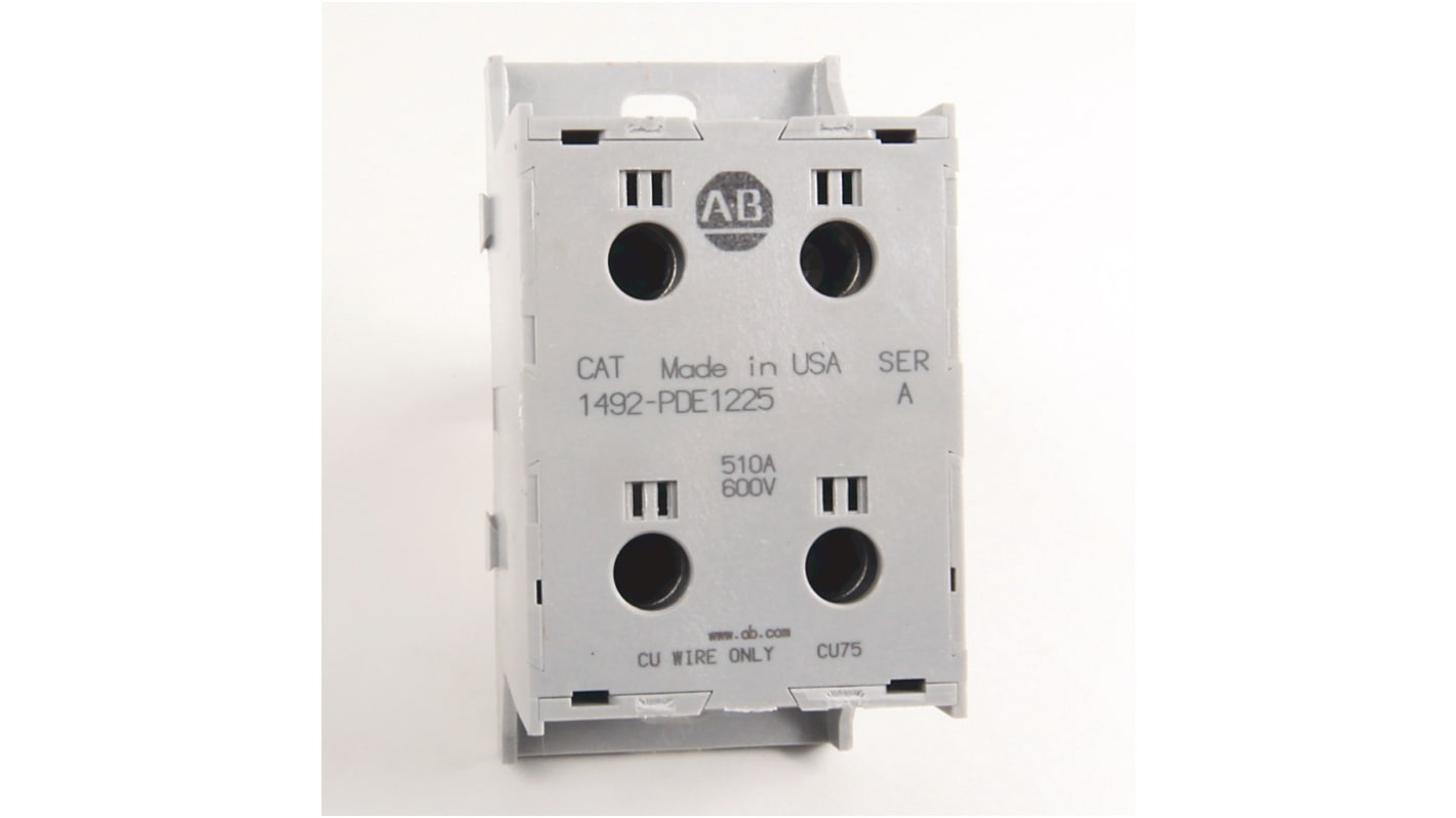 Blocco di distribuzione Allen Bradley 1492-PDE1225, 2 vie, 510A, 600 V, montaggio a pannello, custodia in alluminio, protezione IP20.