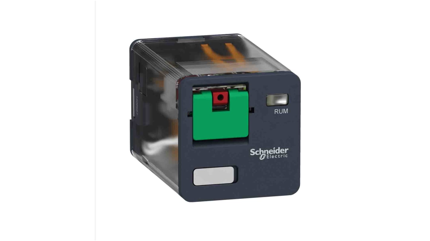 Relè di potenza Harmony Relay RUMC21B7 Schneider Electric, DPDT, 24V ca, 10A. Progettato per circuiti industriali, affidabile e senza mercurio. Pulsante di prova incluso.