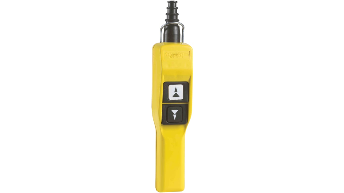 Stazione pensile a pulsante Schneider Electric XACA217, 2 pulsanti, IP65, 600V, 10A, contenitore giallo, montaggio a vite.