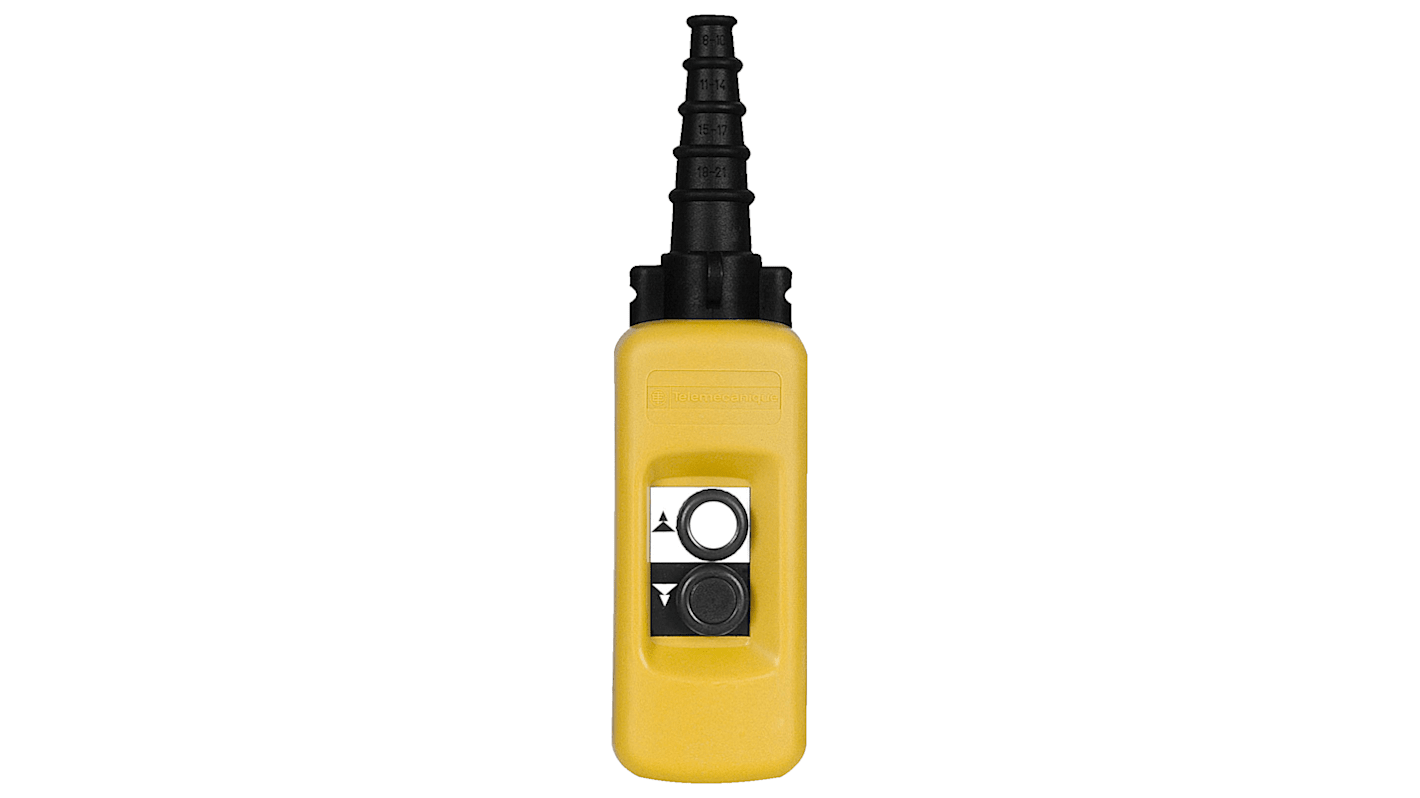 Stazione pensile a pulsante Schneider Electric XACA291, 1 NC + 2 NA, IP65, 600V, 10A, contenitore giallo, pulsanti bianchi.