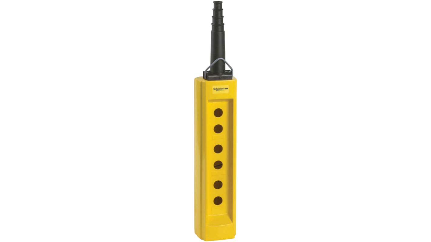 Interruttore stazione di controllo Schneider Electric XACB06, contenitore giallo, IP65, 6 fori, dimensioni 750x100x93mm.