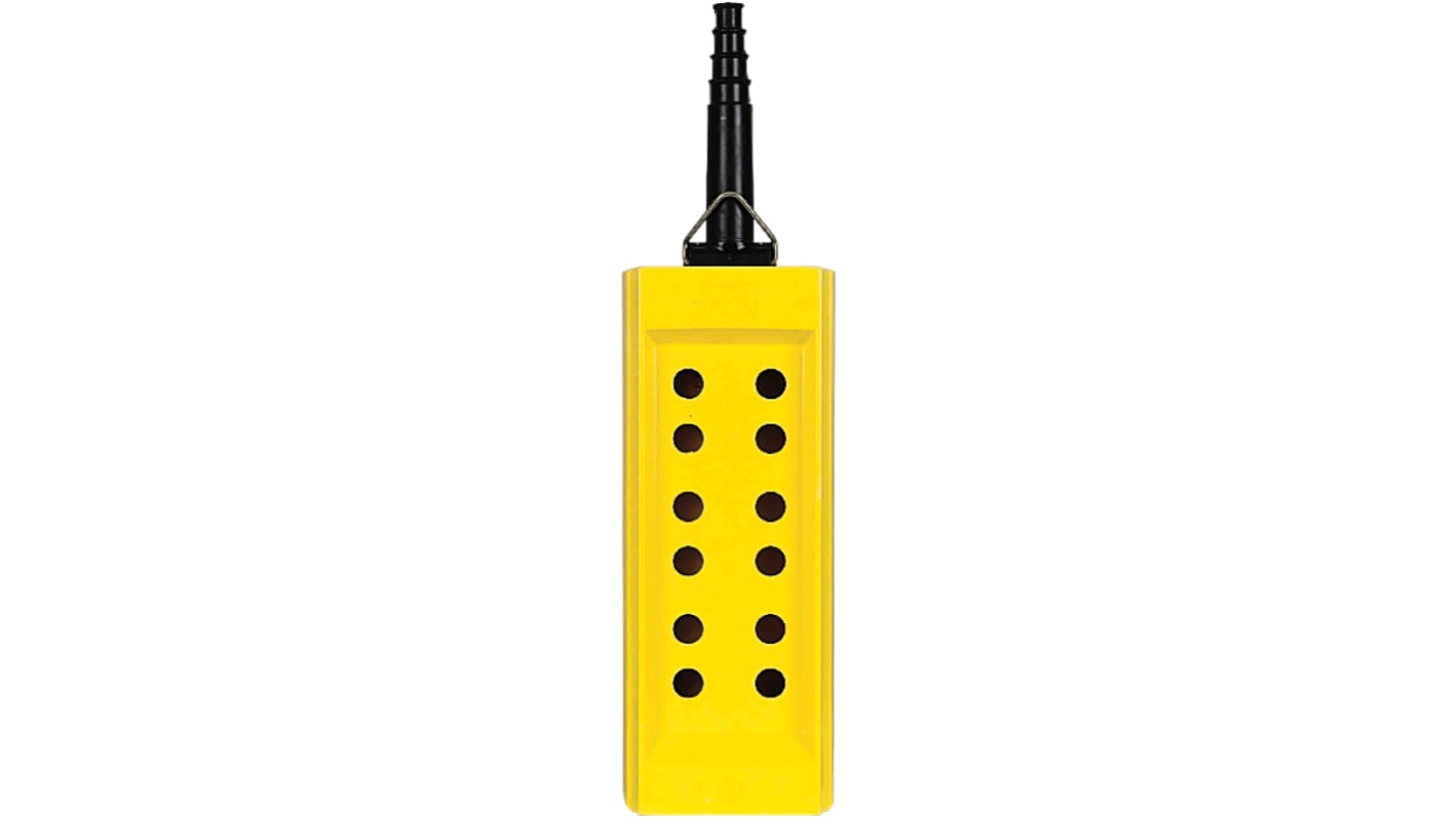 Stazione pensile a pulsante Schneider Electric XACB12, contenitore giallo, protezione IP65, terminale a vite, per uso industriale.