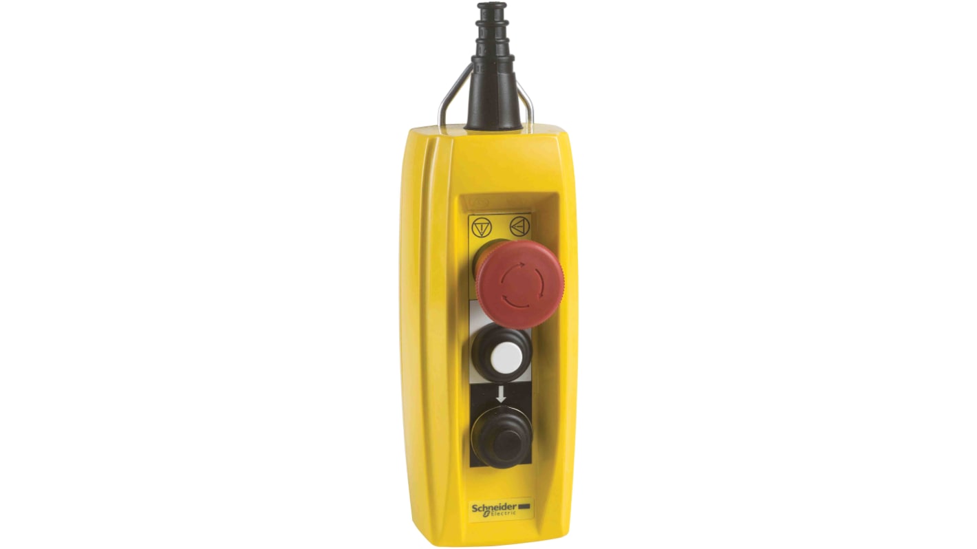 Stazione pensile a pulsante Schneider Electric XACB3191, con 2 pulsanti rossi, protezione IP65, corrente 12A, tensione 600V.