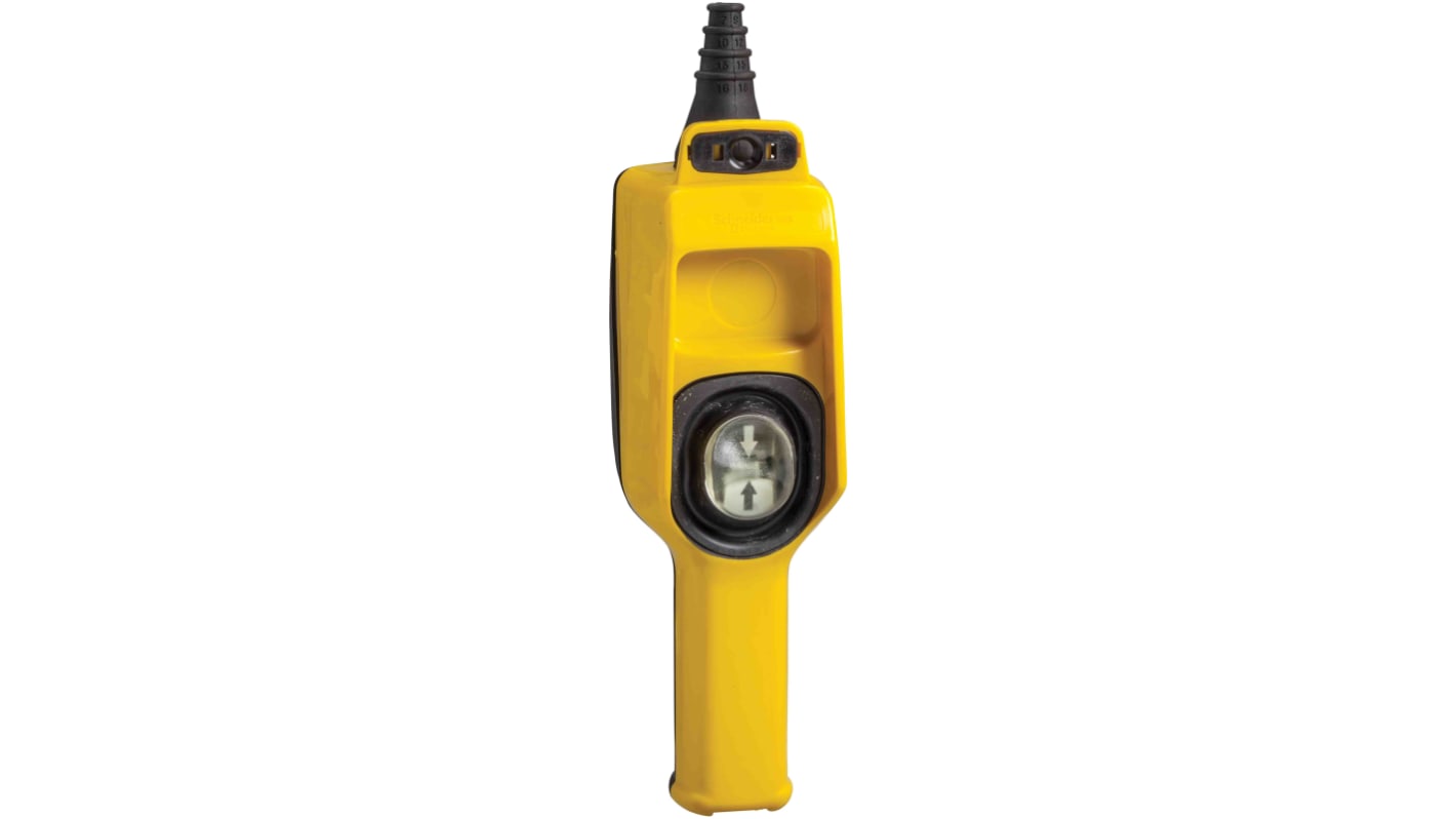 Stazione pensile a pulsante Schneider Electric XACD022, grado di protezione IP65, contenitore giallo, senza mercurio.