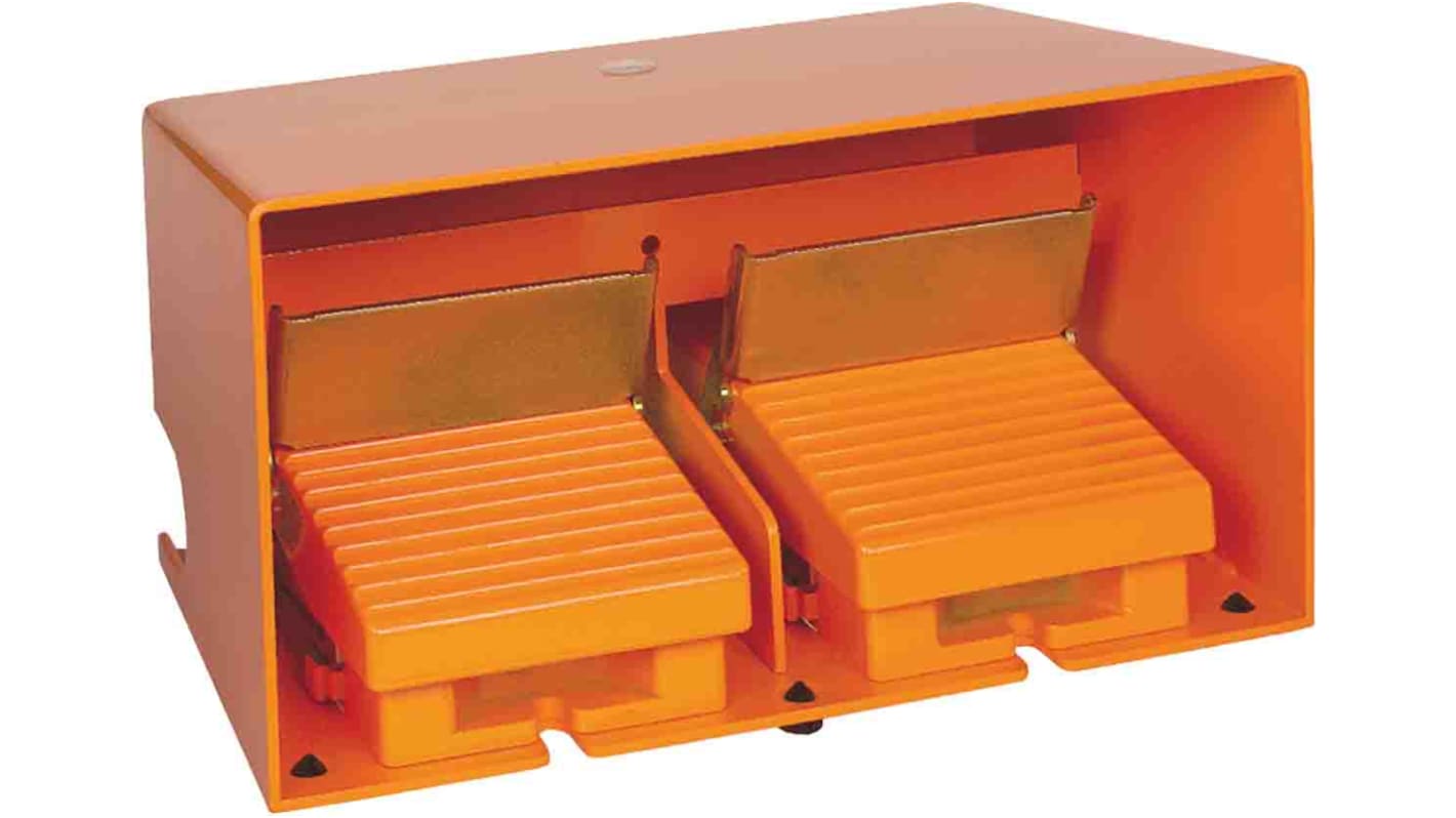 Interruttore a pedale instabile On-Off Schneider Electric XPER5110D, IP66, 4NC+4NO, contenitore metallico, per applicazioni industriali.