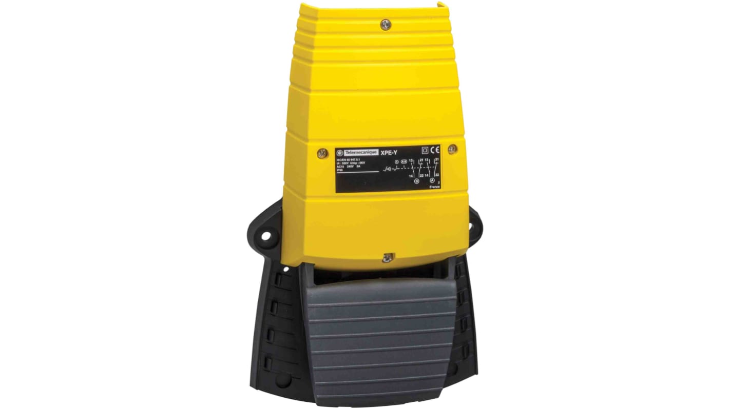 Interruttore a pedale instabile On-Off Schneider Electric XPEY110, IP55, 1 NC+1 NA, colore giallo, per applicazioni industriali.