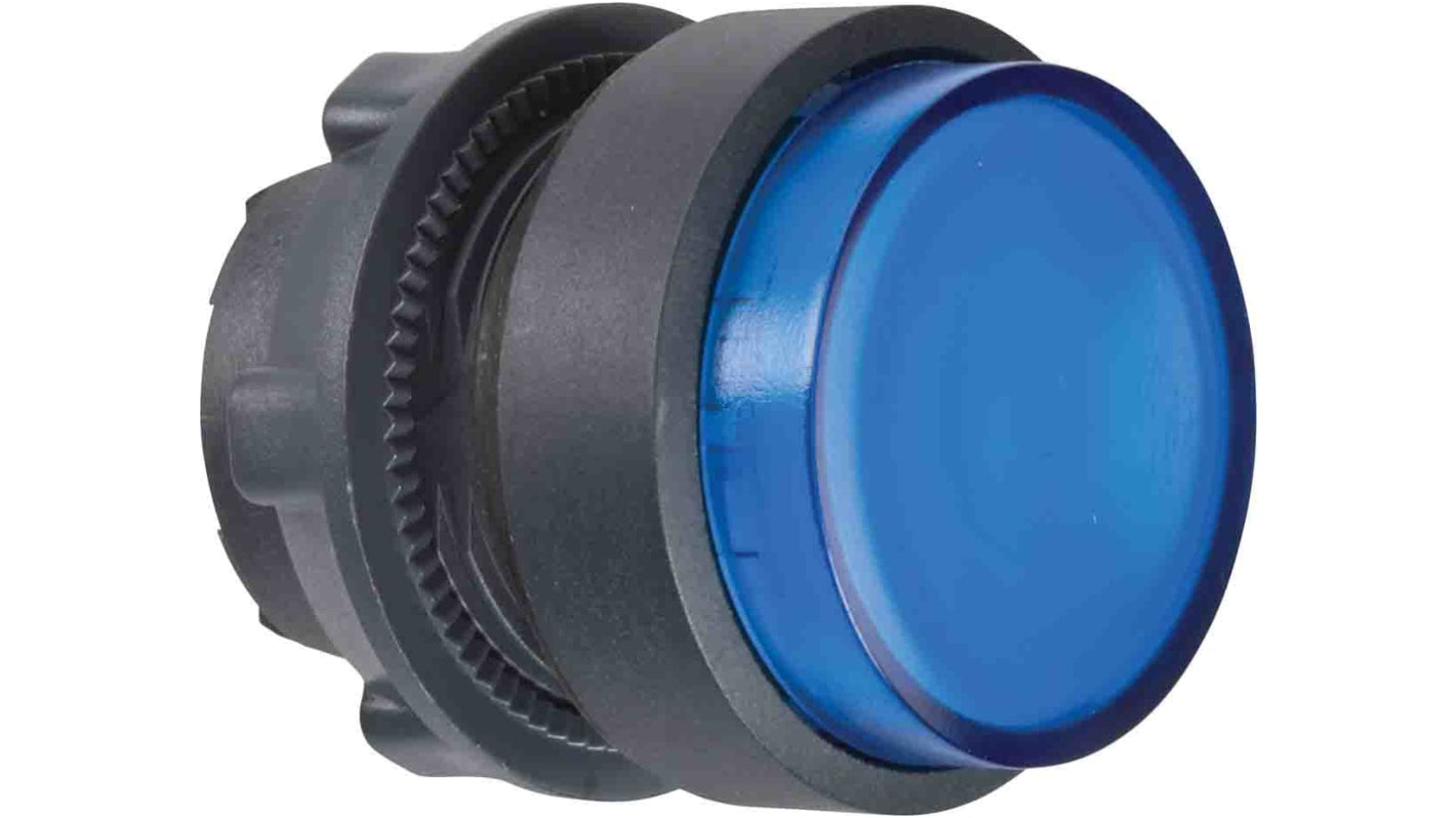 Attuatore pulsante ZB5 di Schneider Electric, diametro 22 mm, blu, ritorno a molla, protezione IP66/IP67/IP69K, LED integrato.