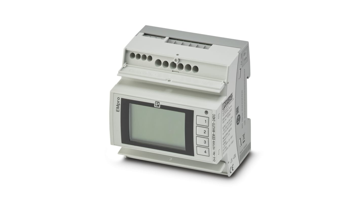 Contatore di energia trifase Phoenix Contact 1127059, display digitale, tensione 35-690 V CA, interfaccia Modbus/TCP. Dimensioni 90x80x64 mm.