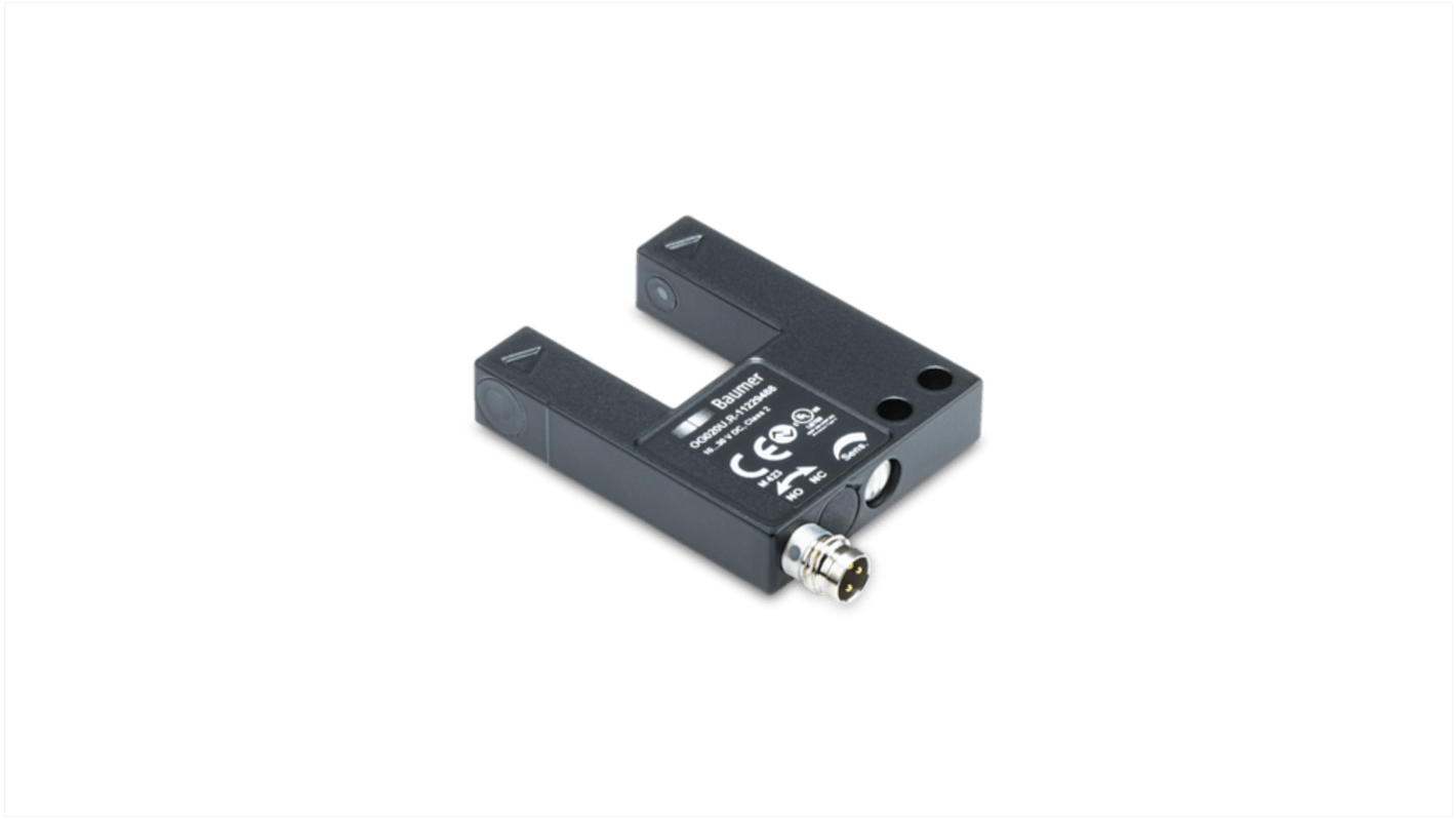 Sensore fotoelettrico a forcella Baumer OG020U.R-GW1O.7WL, rilevamento 20 mm, IP67, montaggio a vite, uscita PREMERE/TIRARE.