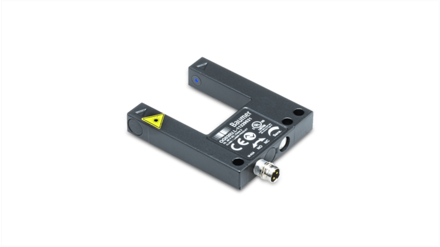 Sensore fotoelettrico a forcella Baumer OG030U.L-GW1O, rilevamento 30 mm, IP67, montaggio a vite, temperatura -25 a 60 °C.