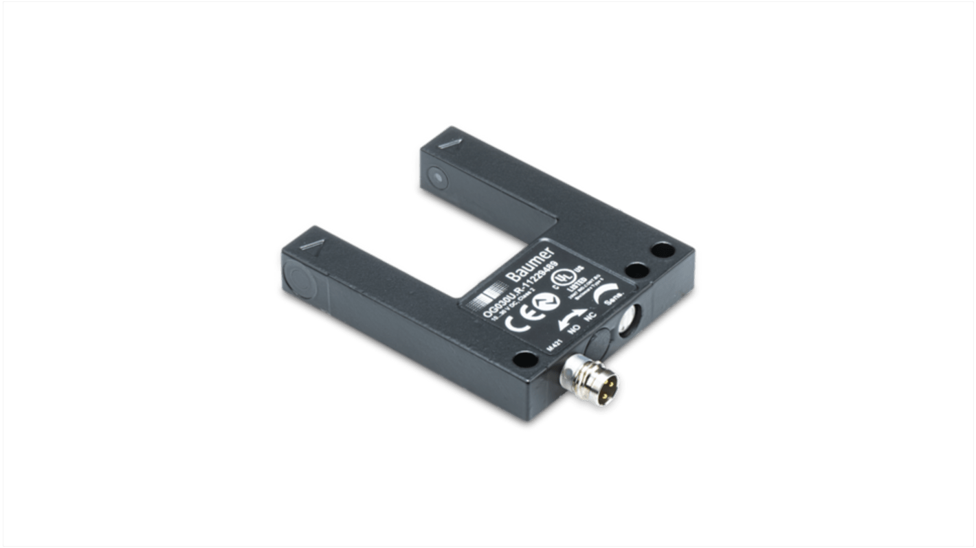 Sensore fotoelettrico a forcella Baumer OG030U.R-GW1O, rilevamento 30 mm, IP67, montaggio a vite, temperatura -25 a 60 °C.