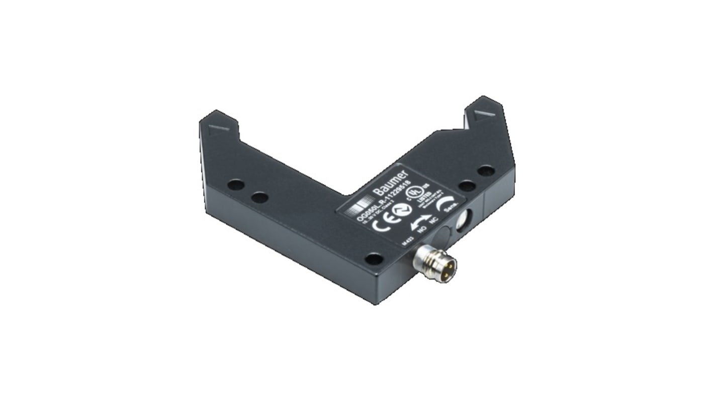 Sensore fotoelettrico a forcella Baumer OG050U.L-GW1O.7WL, rilevamento 50 mm, IP67, montaggio a vite, temperatura -25 a 60 °C.