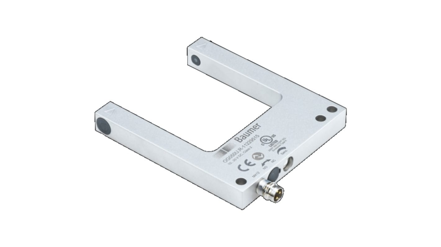 Sensore fotoelettrico a forcella Baumer OG050U.R-GW1O.7VL, rilevamento 50 mm, IP67, montaggio a vite, temperatura -25 a 60 °C.