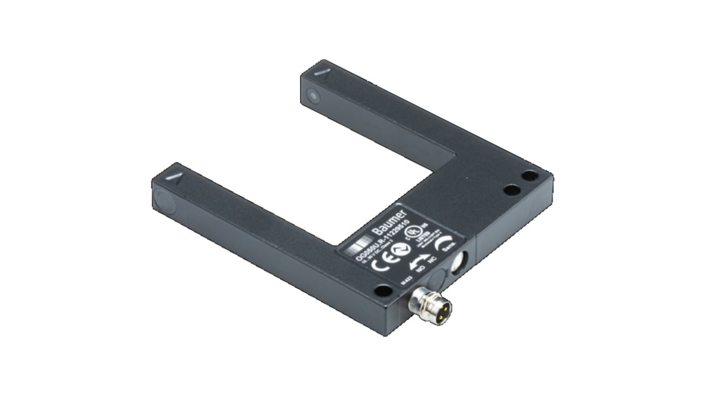 Sensore fotoelettrico a forcella Baumer OG050U.R-GW1O, rilevamento 50 mm, IP67, montaggio a vite, temperatura -25 a 60 °C.