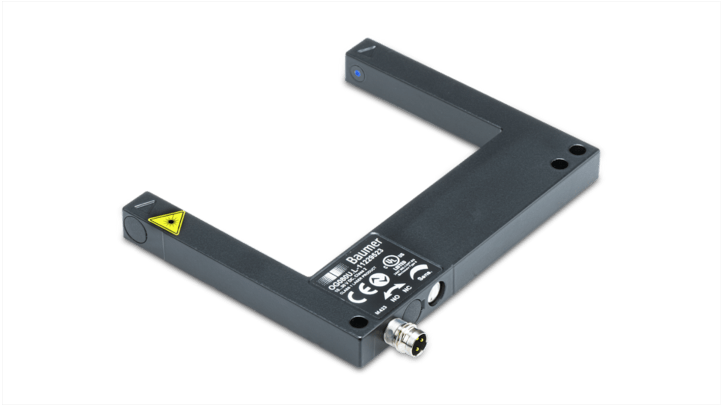 Sensore fotoelettrico a forcella Baumer OG080U.L-GW1O, rilevamento 80 mm, IP67, montaggio a vite, temperatura -25 a 60 °C.