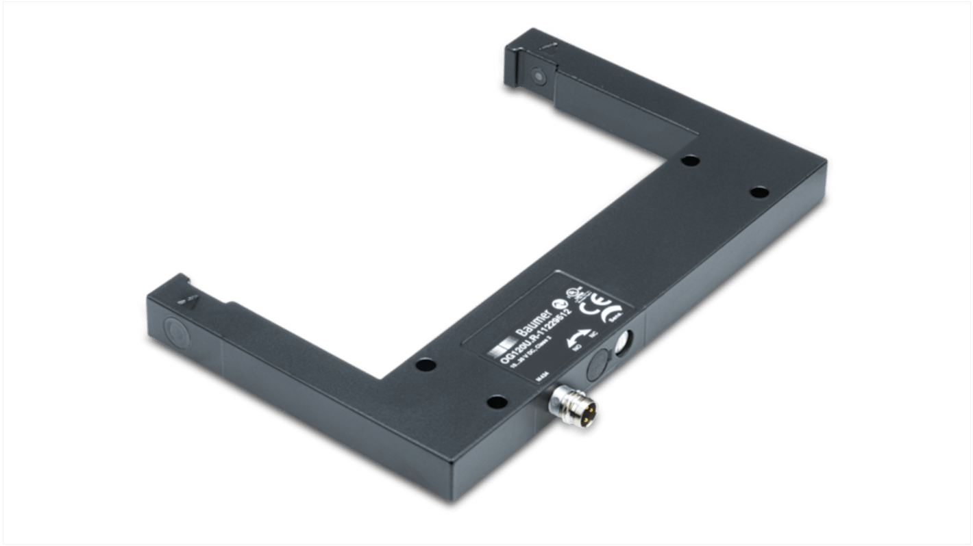 Sensore fotoelettrico a forcella Baumer OG120U.R-GW1O.7WL, rilevamento 120 mm, IP67, montaggio a vite, uscita PREMERE/TIRARE.