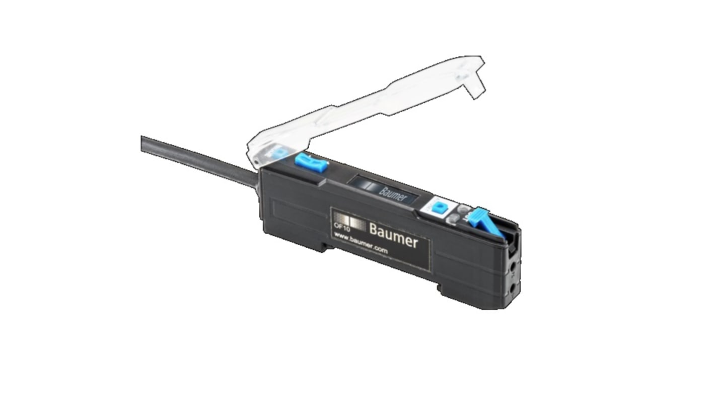 Baumer OF10.FR-NW1B.B2N, amplificatore fibra NPN con connettore M8 a 4 pin, dimensioni 10 x 27,8 x 82,3 mm, montaggio su guida DIN.