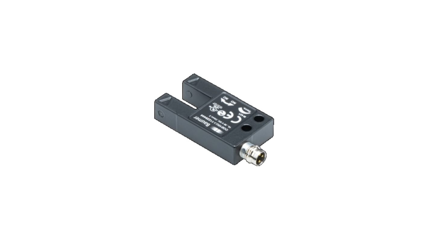 Sensore fotoelettrico a forcella Baumer OG010U.I-GW1O.7WL, rilevamento 10 mm, IP67, montaggio a vite, uscita PREMERE/TIRARE.