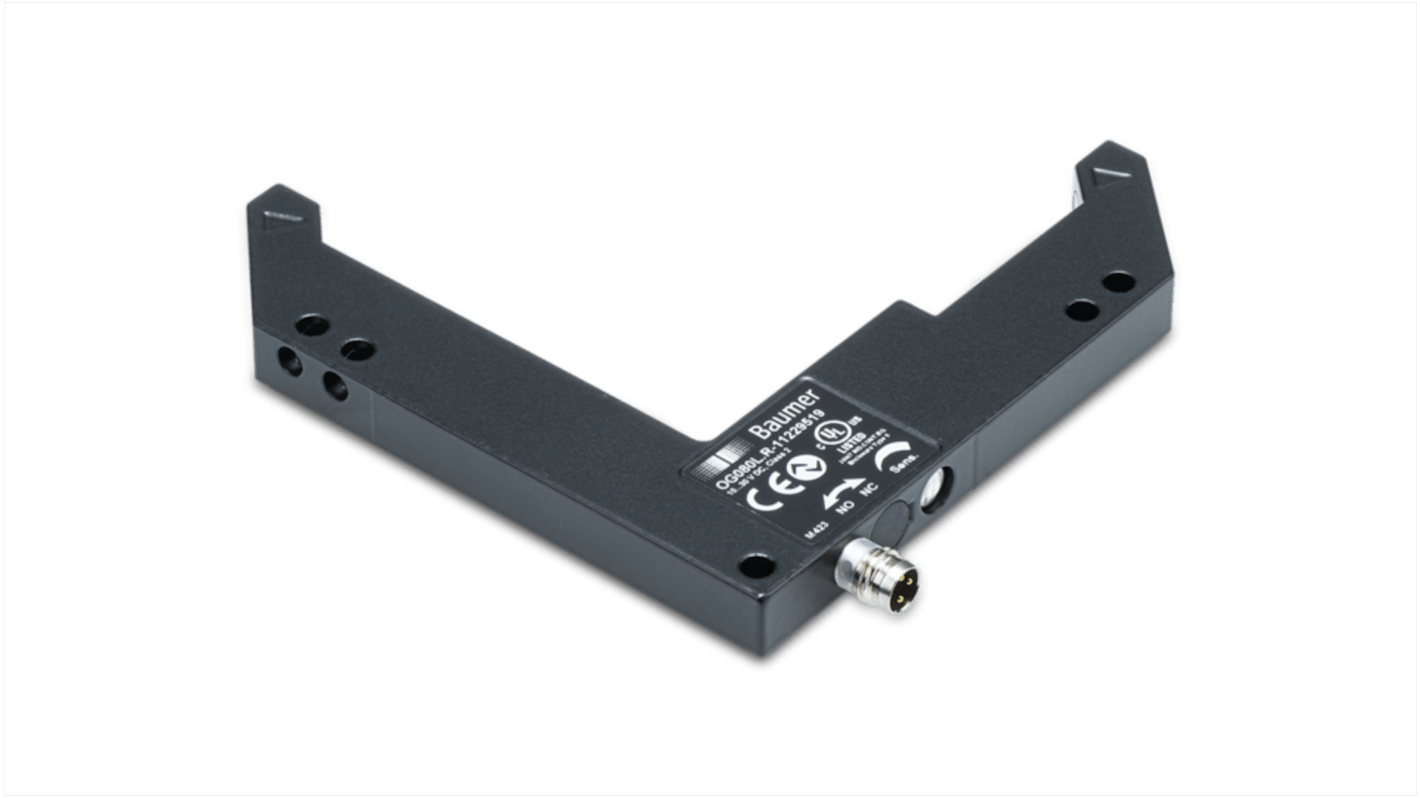 Sensore fotoelettrico a forcella Baumer OG080L.R-GW1O.7WL, rilevamento 100 mm, IP67, montaggio a vite, uscita PREMERE/TIRARE.