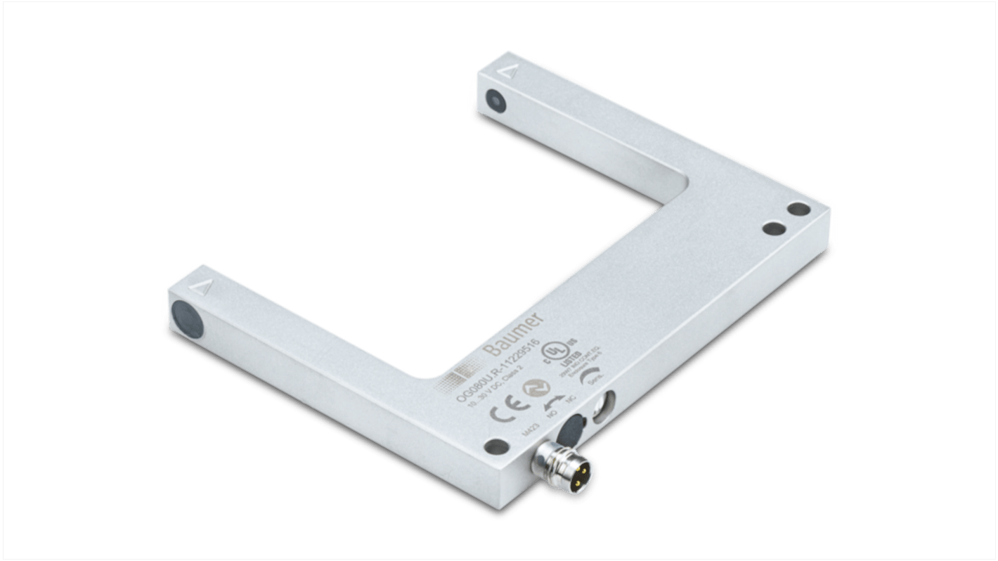 Sensore fotoelettrico a forcella Baumer OG080U.R-GW1O.7VL, rilevamento 80 mm, IP67, montaggio a vite, temperatura -25 a 60 °C.