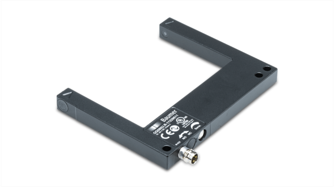 Sensore fotoelettrico a forcella Baumer OG080U.R-GW1O, rilevamento 80 mm, IP67, montaggio a vite, temperatura -25 a 60 °C.