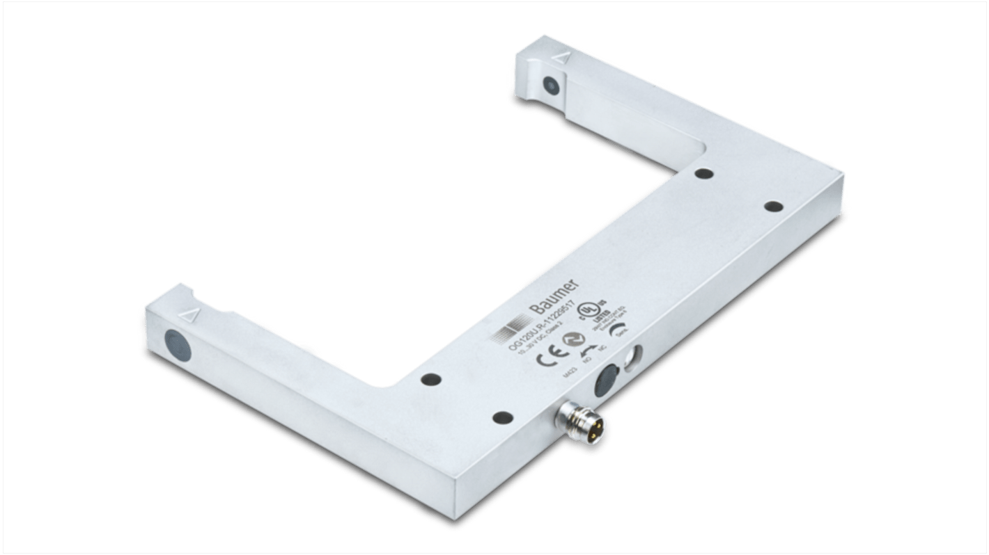 Sensore fotoelettrico a forcella Baumer OG120U.R-GW1O.7VL, rilevamento 120 mm, uscita PREMERE/TIRARE, IP67, montaggio a vite.