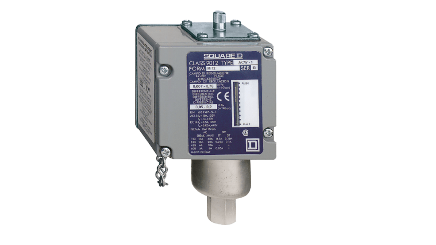 Pressostato Telemecanique Sensors ACW21M129012, max 7.6 bar, uscita 2 C/O, G1/4, IP65, per aria e liquidi non corrosivi.