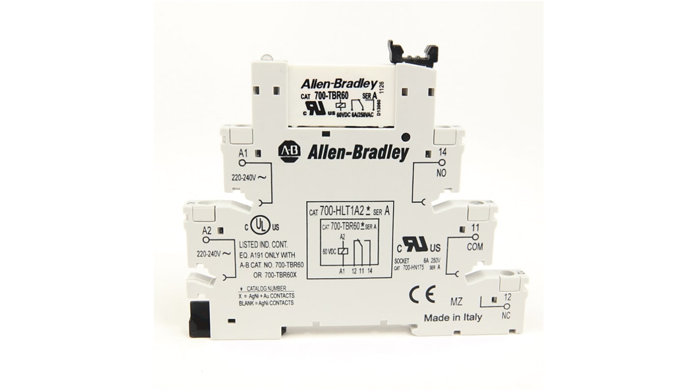Modulo interfaccia relè Rockwell Automation 700-HLT2U24 con bobina 24V ca/cc, LED, protezioni e certificazione per aree pericolose. Ideale per applicazioni ad alta densità.
