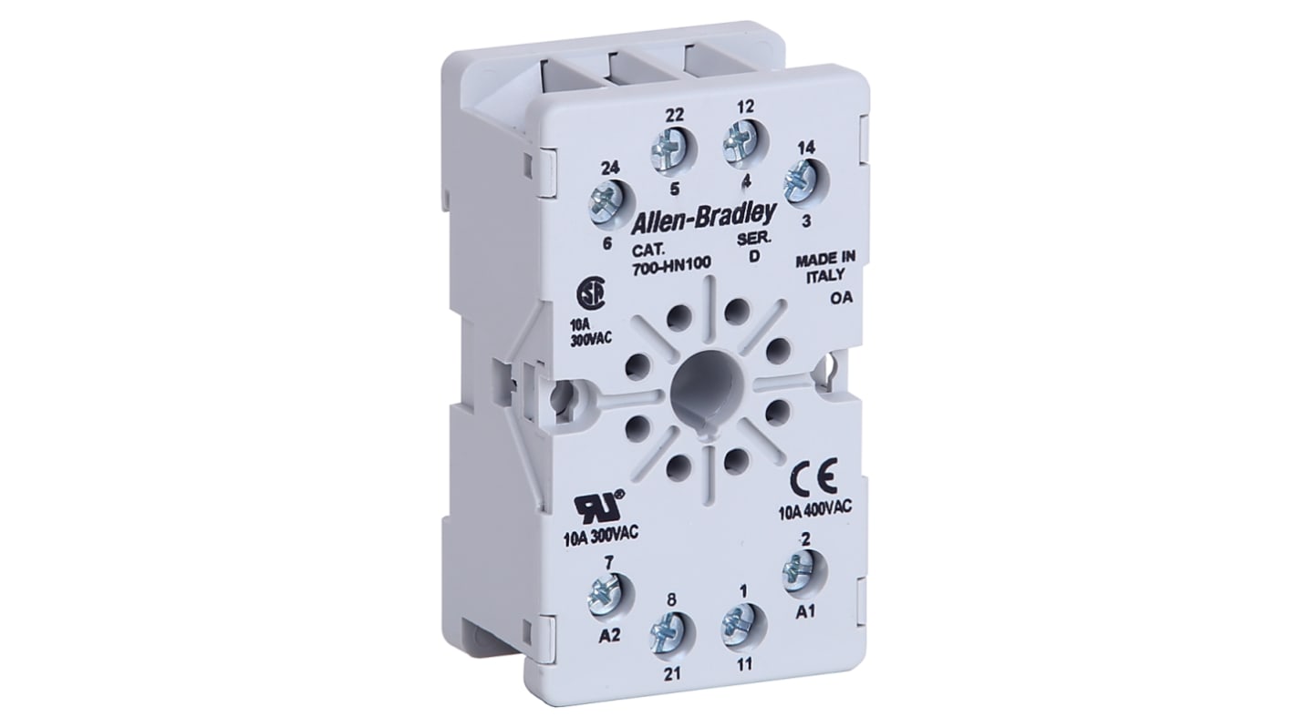 Zoccolo per relè Rockwell Automation 700-HN100, con connettore femmina a 8 pin, montaggio su guida DIN, tensione 300V.
