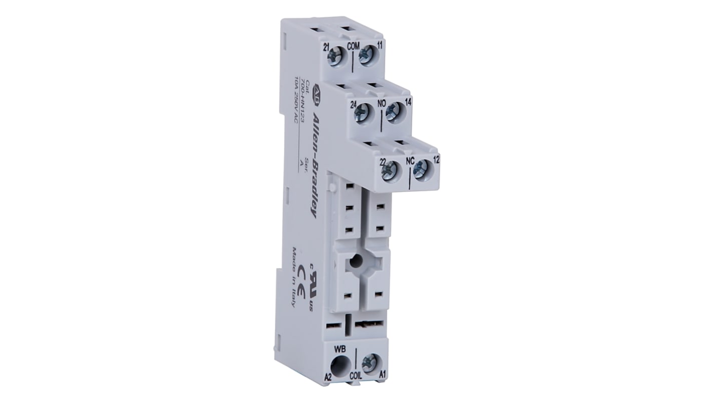 Zoccolo per relè Rockwell Automation 700-HN123, 2 poli, 8 pin, montaggio su guida DIN, tensione 300V.