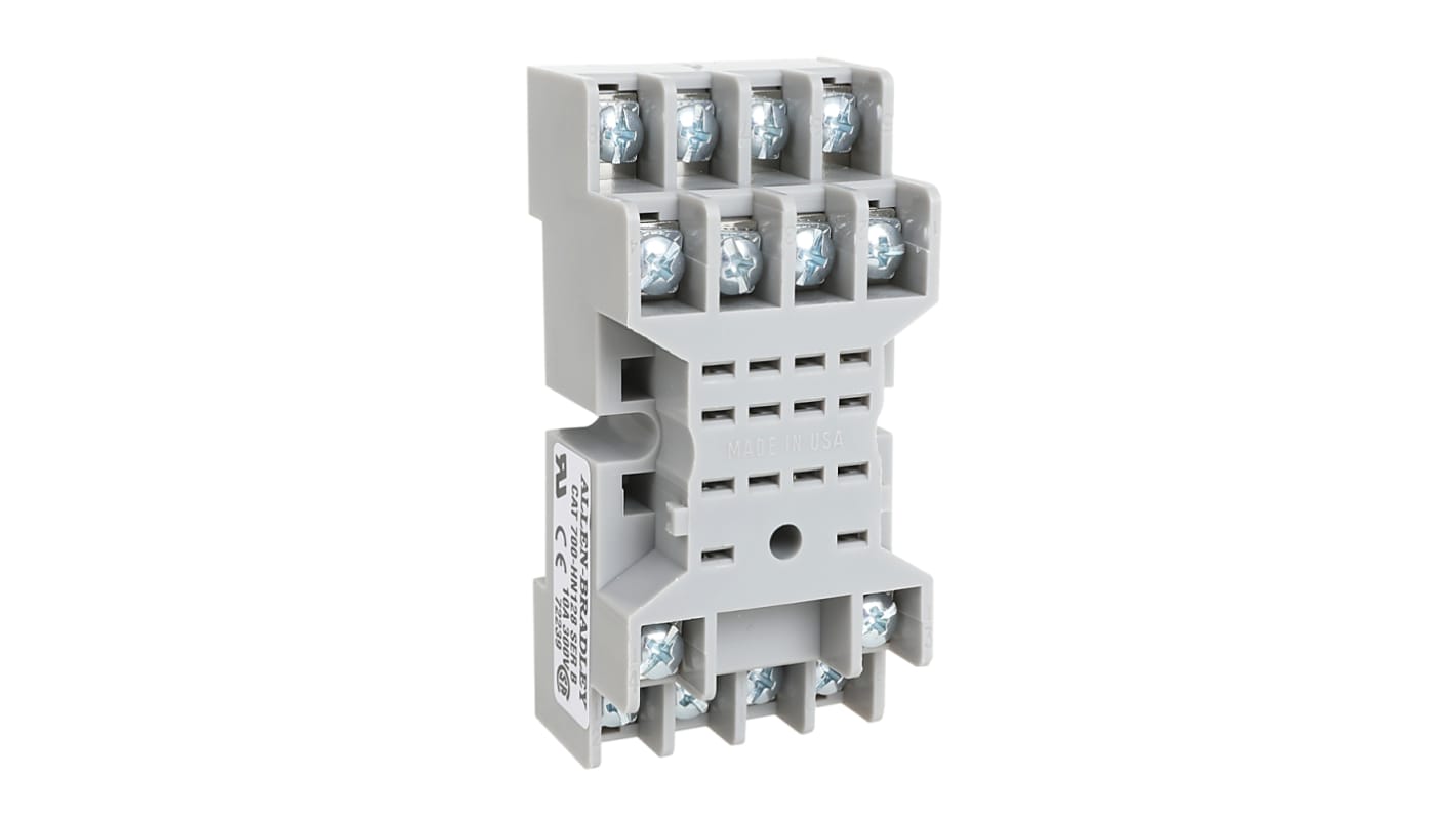 Zoccolo miniaturizzato Rockwell Automation 700-HN128 per relè di temporizzazione, montaggio su guida DIN, tensione massima 300V.
