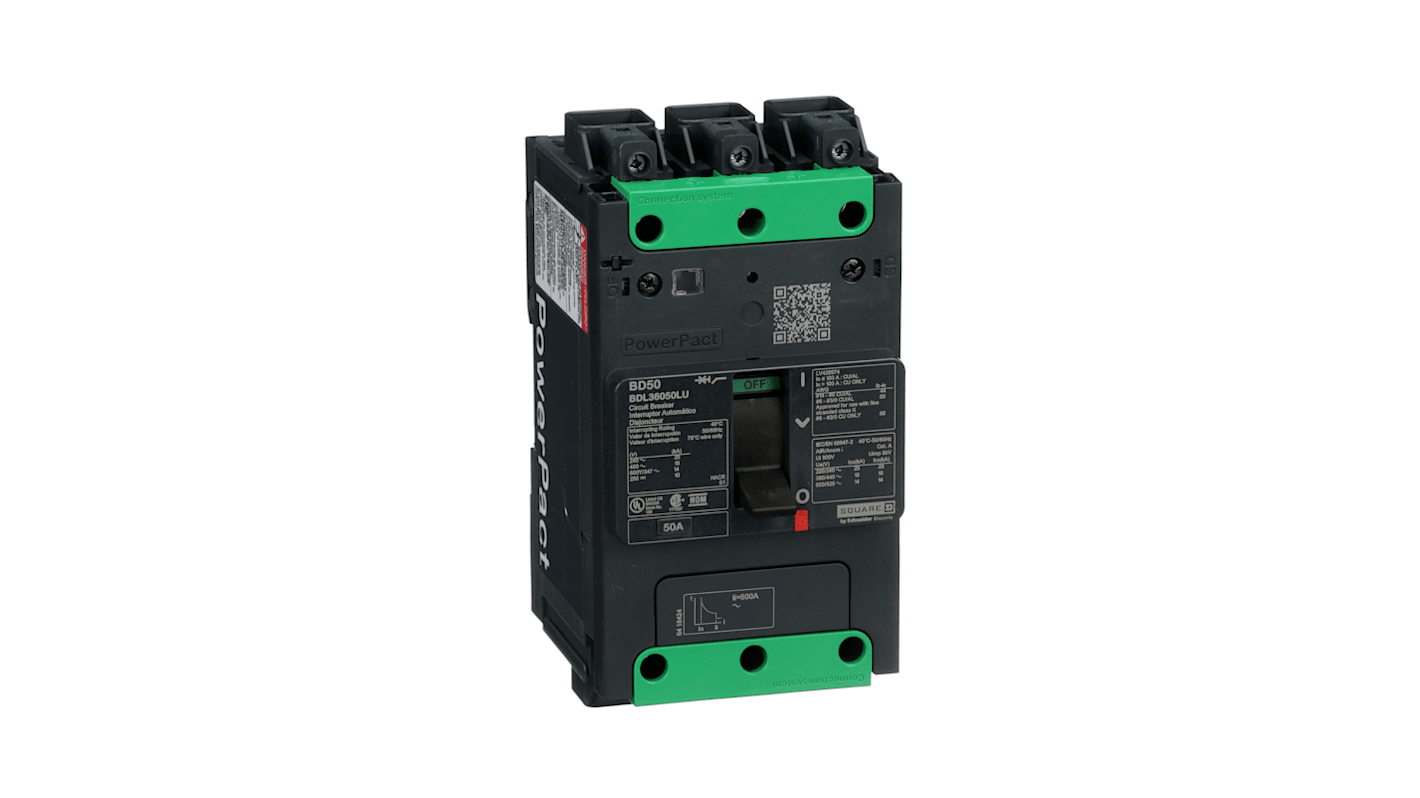 Interruttore automatico MCCB Schneider Electric BDL36050LU, 3 poli, 50A, 525 V, ingombro ridotto, colore grigio RAL 7016.