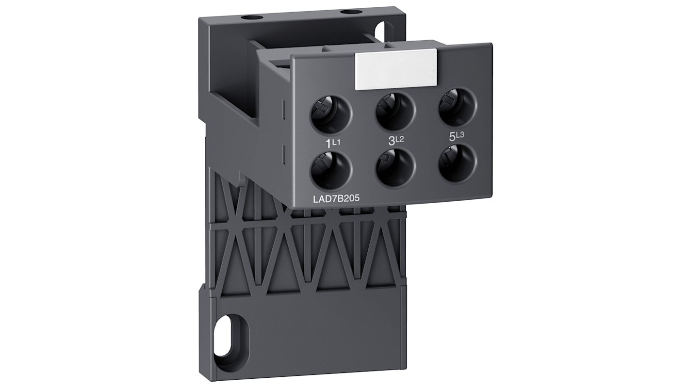 Morsettiera contattore Schneider Electric LAD7B205 per montaggio separato, compatibile con LRD04L-D32L. Dimensioni: 85x45x87 mm.
