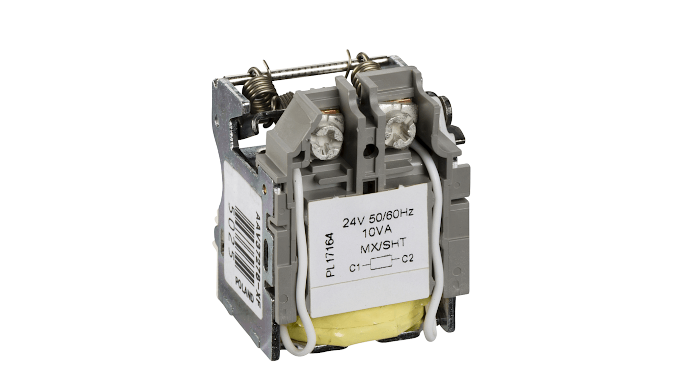 Interruttore magnetotermico scatolato Schneider Electric LV429384 per Compact NSX, PowerPact e Easypact CVS. Tensione nominale 24 V, risposta rapida 50 ms. Ideale per arresto di emergenza. Conforme a IEC 60947-2.