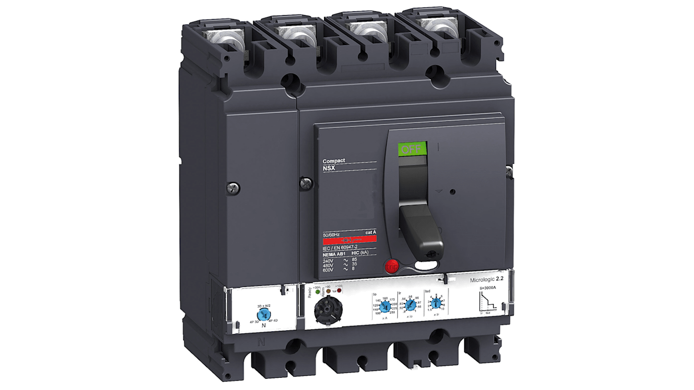 Interruttore automatico MCCB fisso Schneider Electric, 4 poli, 160A, 690VAC, montaggio compatto, capacità di interruzione 50kA.