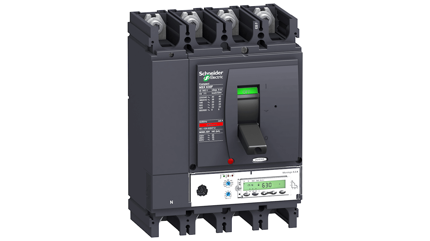 Interruttore automatico MCCB fisso Schneider Electric, 4 poli, 630A, capacità di interruzione 70kA a 415VAC, grado di protezione IP40.