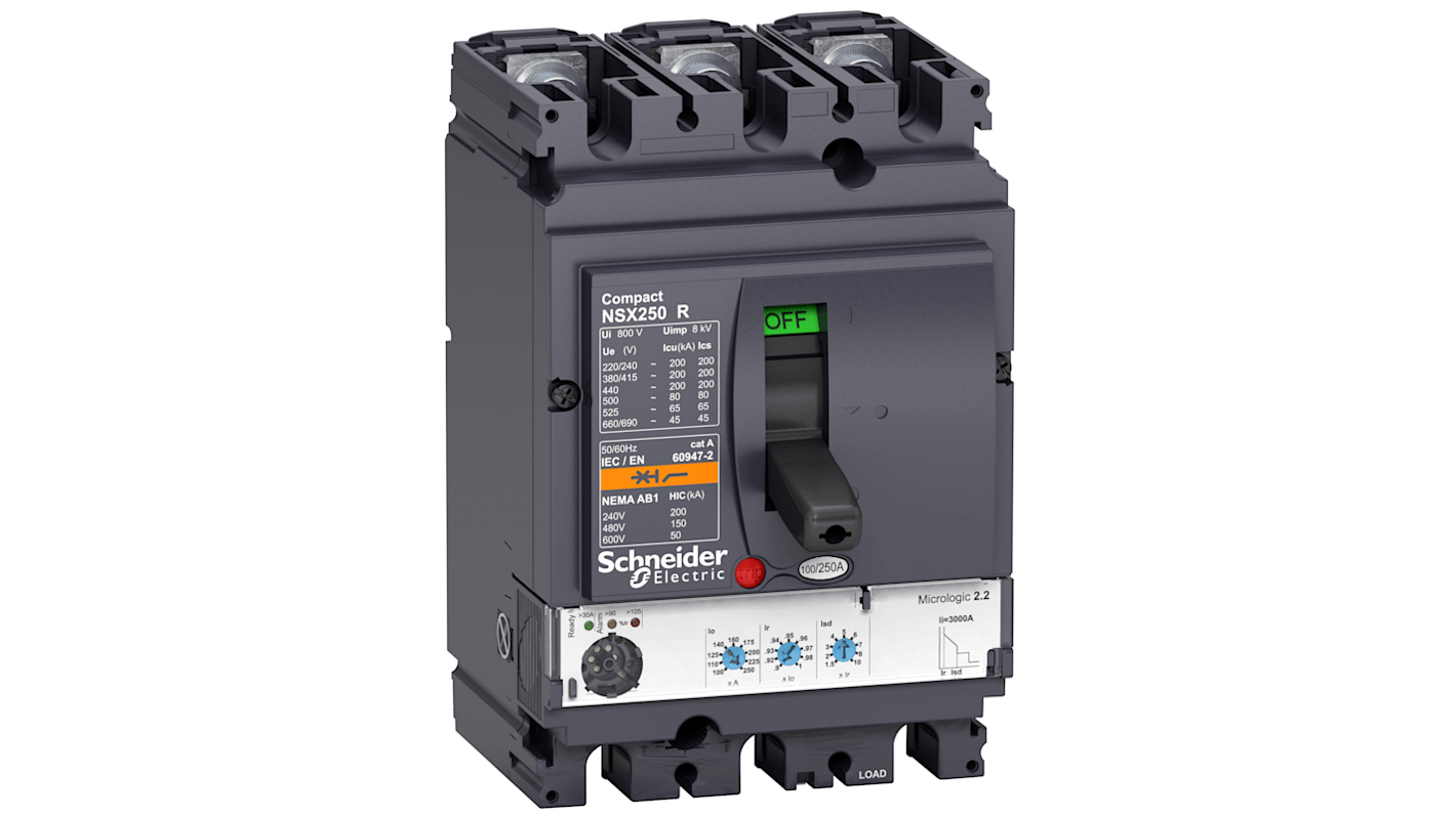 Interruttore automatico MCCB fisso Schneider Electric, 3 poli, 100A, montaggio compatto, capacità di interruzione 200kA a 415VAC.