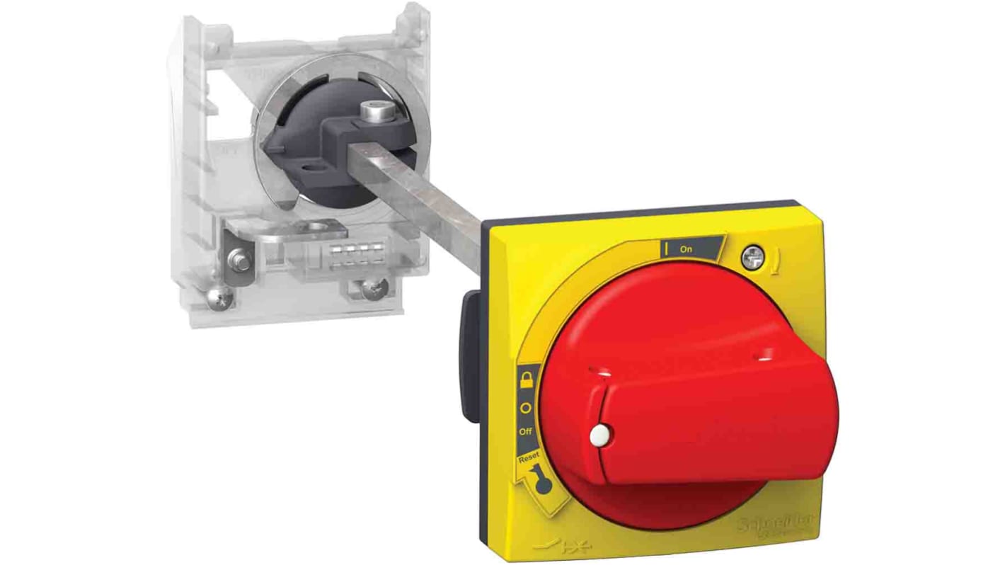 Interruttore motore Schneider Electric GV2APN04 con maniglia girevole rossa su piastra gialla, grado di protezione IP65, montaggio esterno e adattatore incluso.