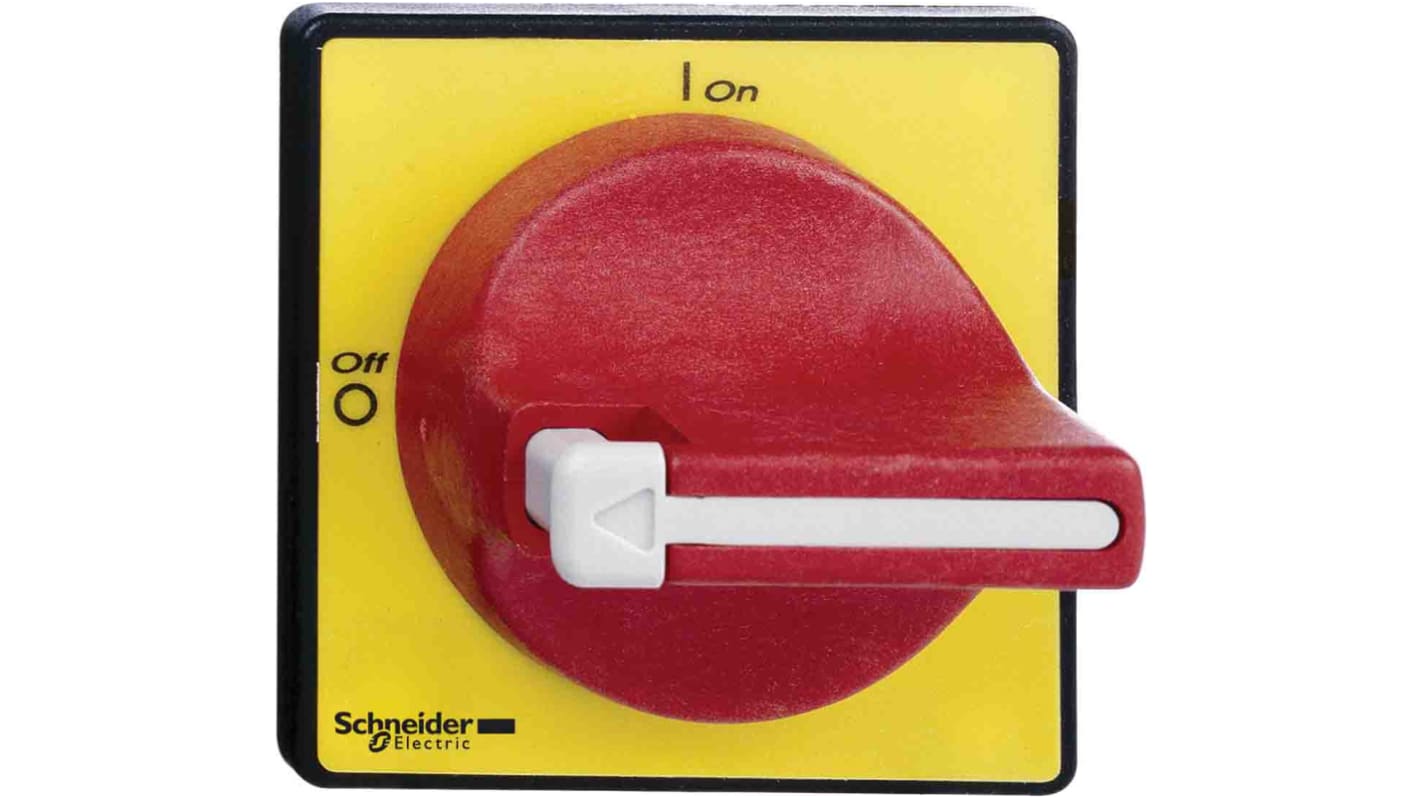 Manopola rotante Schneider Electric KDF1PZ, impugnatura rossa e piastra gialla, per interruttori TeSys Vario, grado di protezione IP65.