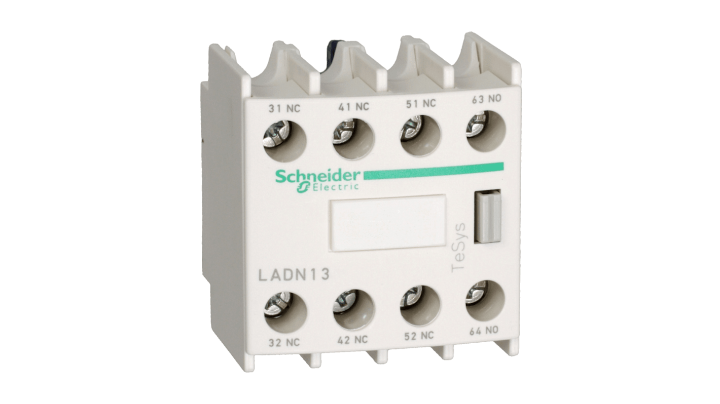Blocco di contatti ausiliari Schneider Electric LADN316, configurazione 1NC + 3NO, montaggio a clip, grado di protezione IP20.