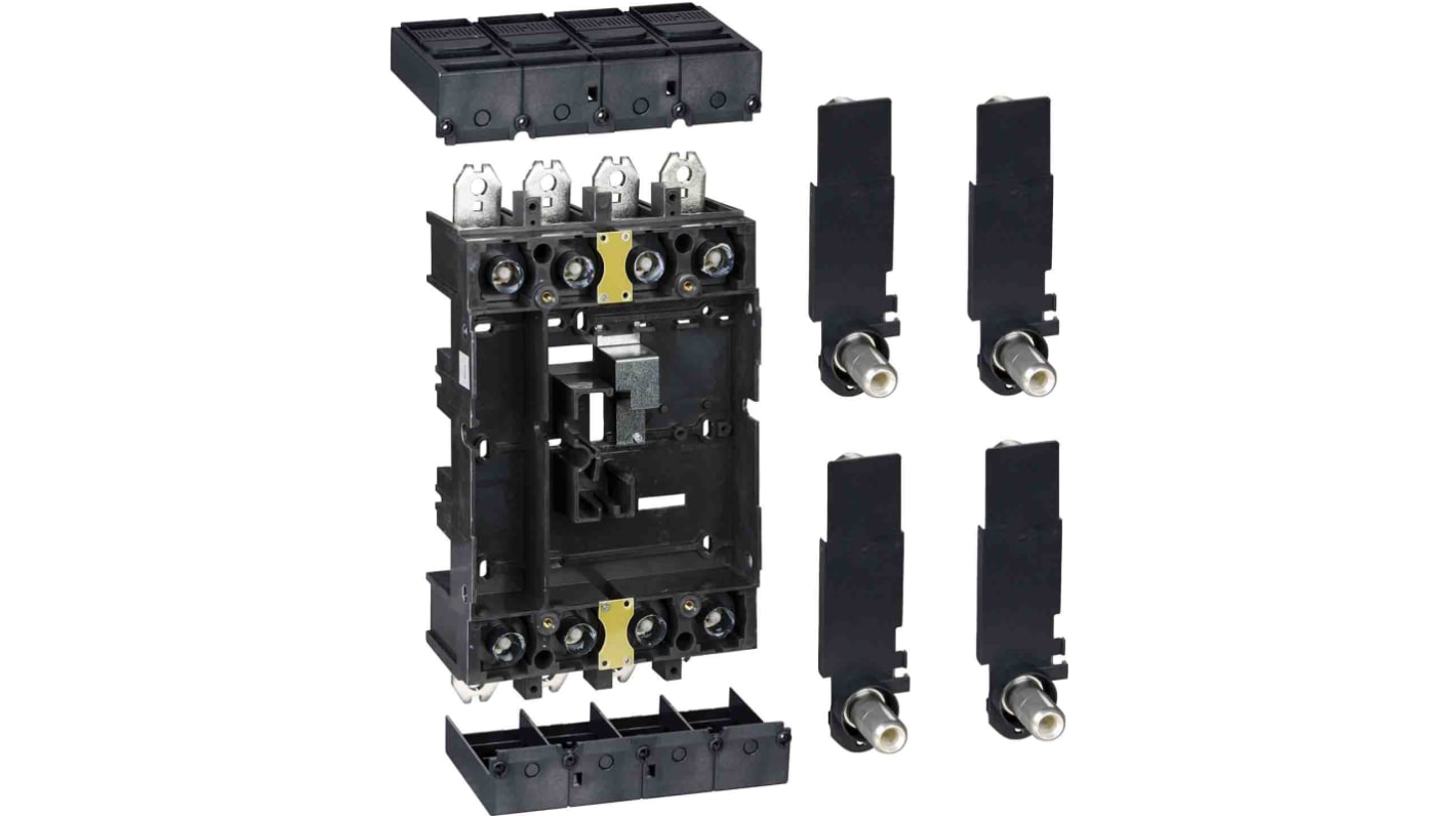Kit a innesto Schneider Electric per interruttori NSX 100/160/250, include base, collegamenti e interblocco di sicurezza.