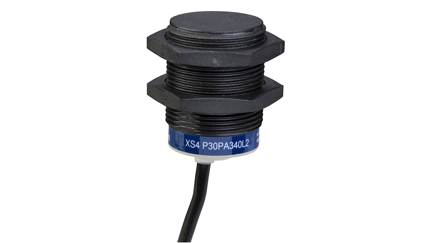 Sensore di prossimità cilindrico PNP Telemecanique Sensors XS4P30PA340L2, M30, rilevamento 15 mm, IP68, cavo 10 m.